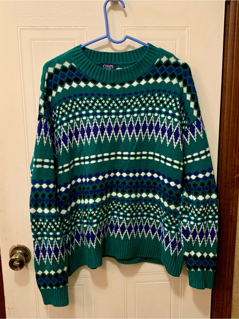 CHAPS Vintage Fair Isle Knit Sweater Green Blue Men's Size XL Cotton Blend